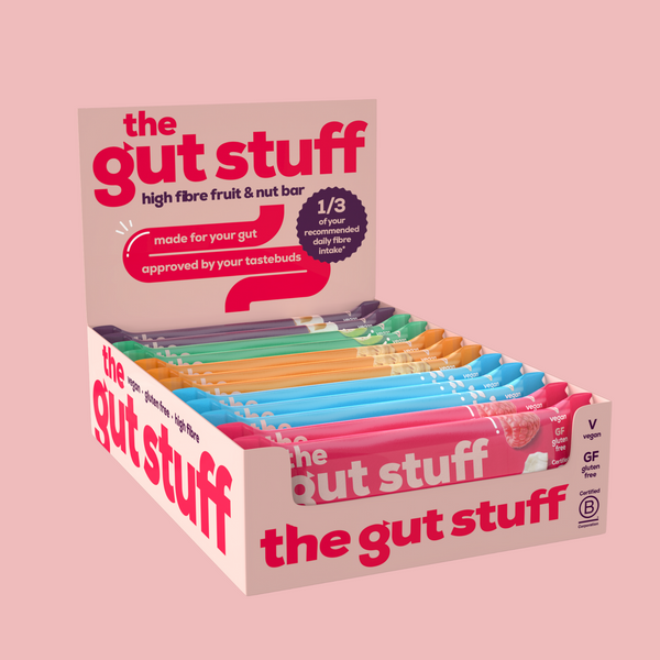 sea salt caramel high fibre bars peanut butter high fibre bars cocoa and hazelnut high fibre bars raspberry and coconut high fibre bars apple and cinnamon high fibre gut health bars